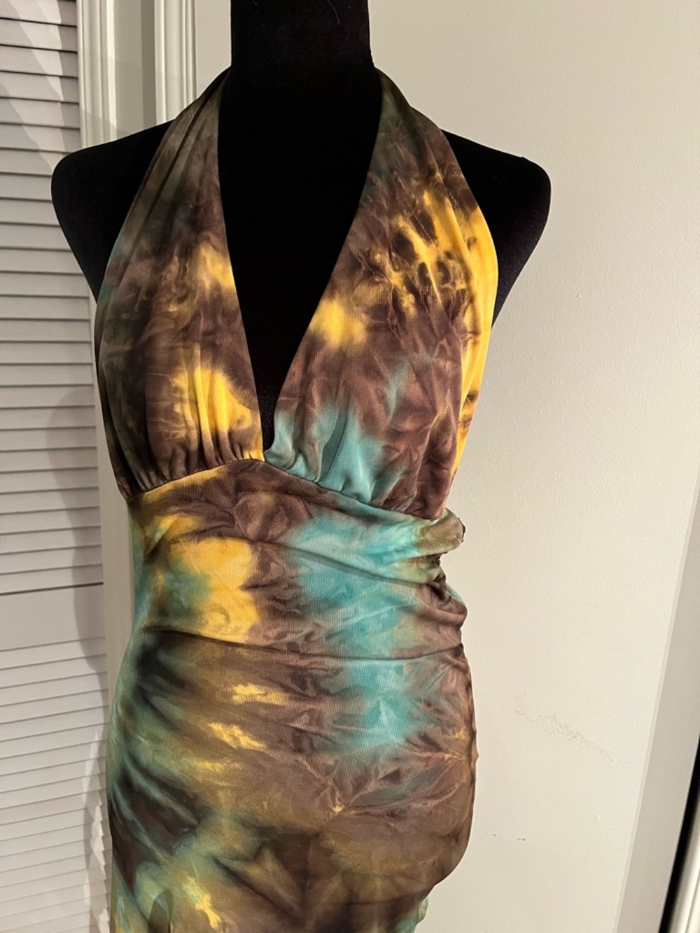 Ecco Tie-Dye Halter Dress in Teal, Yellow & Brown